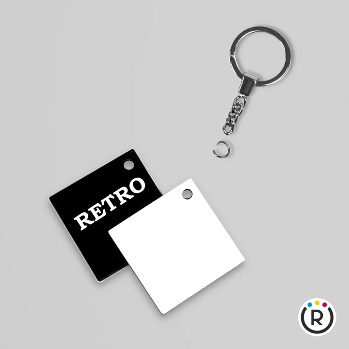 PORTACHIAVI A ROMBO IN HDF PER SUBLIMAZIONE CON ANELLO E CATENA NICHELATI LUXURY –  5 x 5 CM SPESSORE 3 MM  –  RETRO NERO
